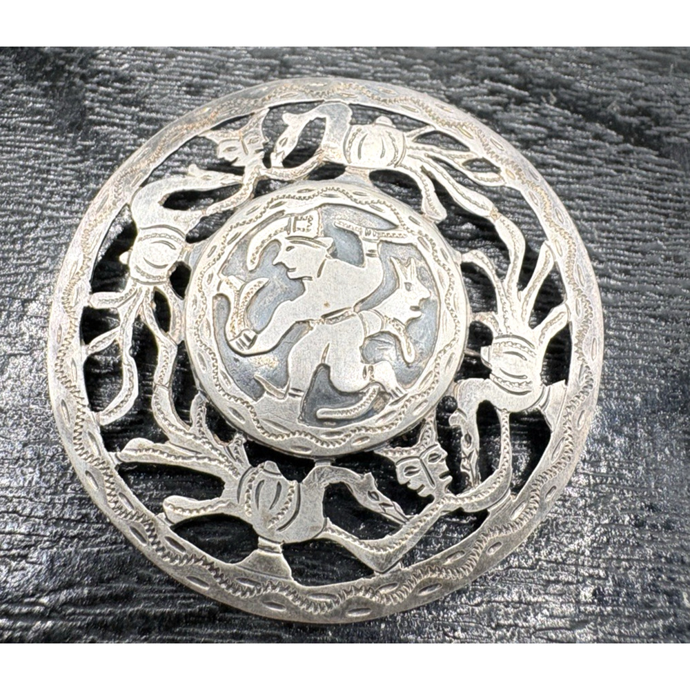 Vintage Guatemala 900 Silver Aztec Mayan Warriors Aztec Gods Pin Brooch Tribal
